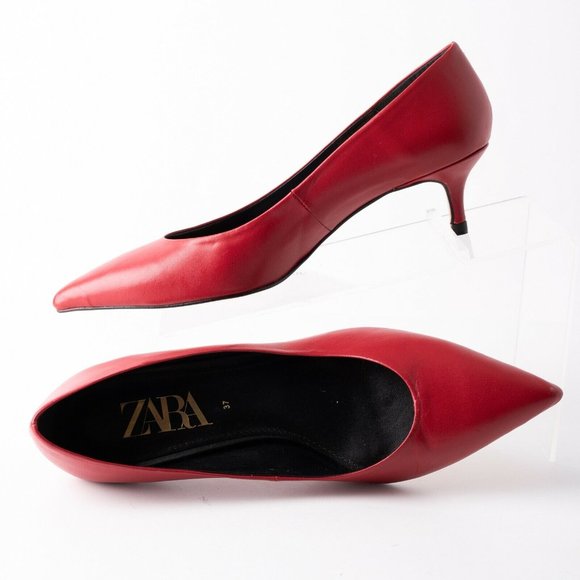 Zara Womens Red Leather Kitten Heels Pumps Shoes - Picture 8 of 9